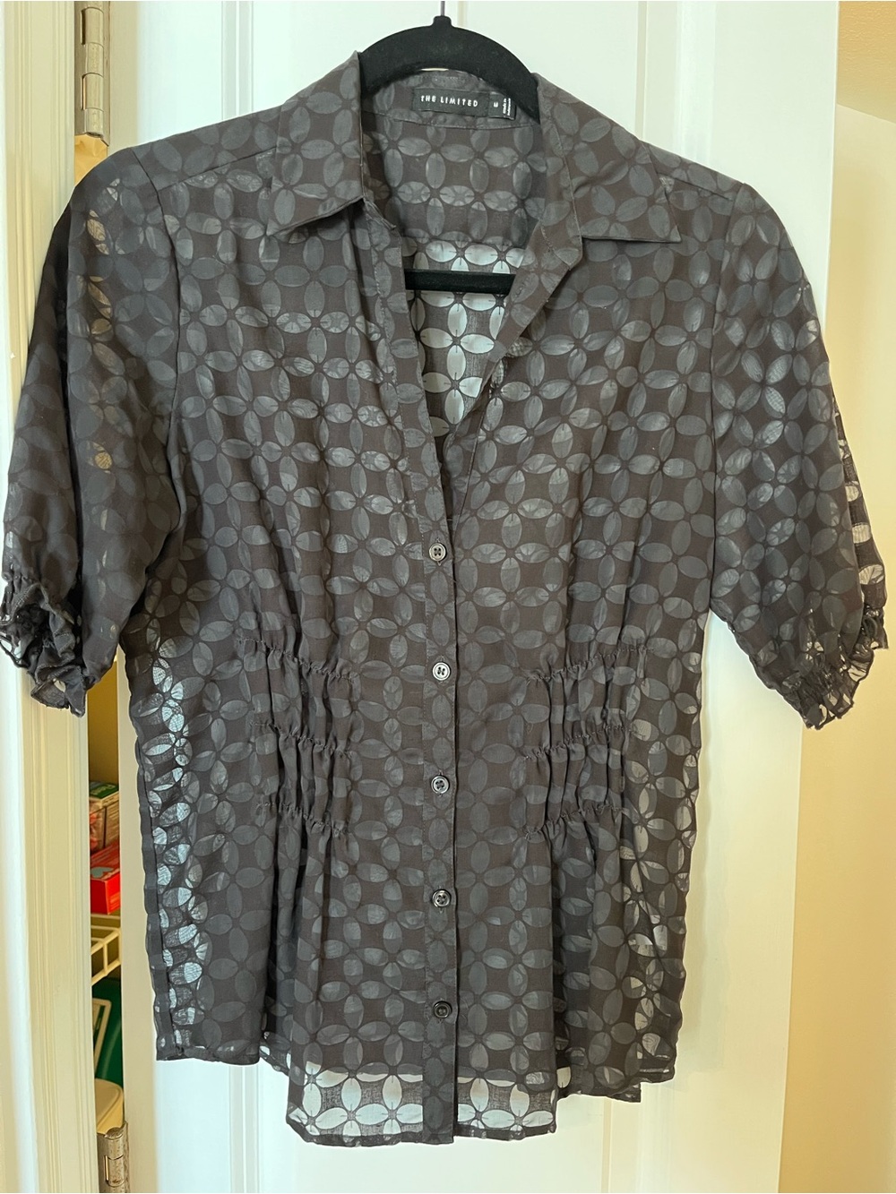 The Limited Semi-Sheer Short-Sleeve Button-Down Blouse Brown/Gray